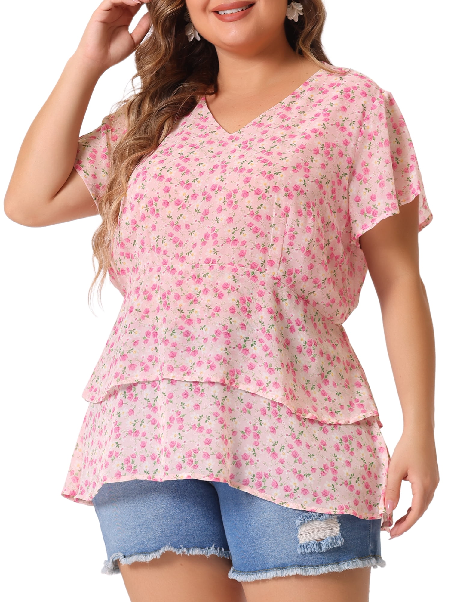 DARING DIVA Women's Plus V Neck Short Sleeve Casual Floral Blouse 3X Pink