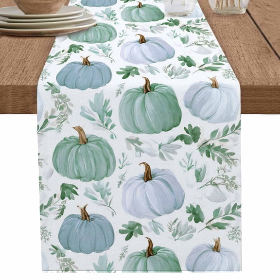 nqOlkjepod Green Grey Pumpkins Fall Table Runner 120 Inches Long Farmhouse Dress Scarves, Autumn Botanical Thanksgiving Dining Tablerunner for Coffee Table/Kitchen Island/Party Décor, 13" x 120"