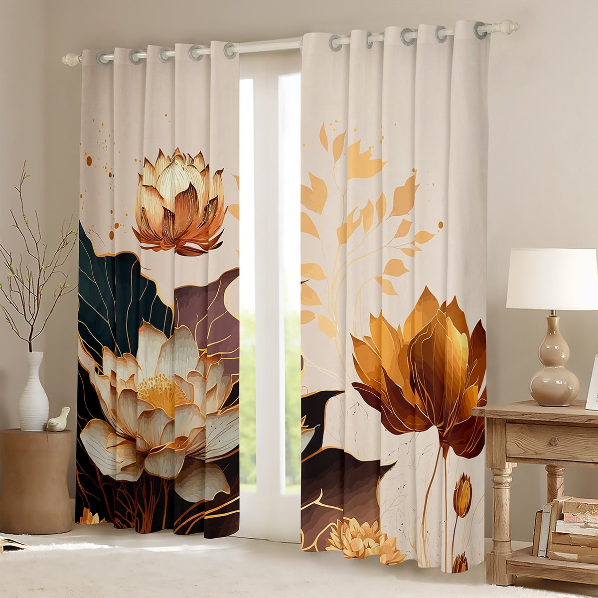 White Beige Gold Floral Blackout Curtains Chic Lotus Curtains, Gradient Leaves Curtains & Drapes Modern Artwork Living Room Curtains, Botanical Theme Window Curtains Aesthetic Art Bedroom Decor