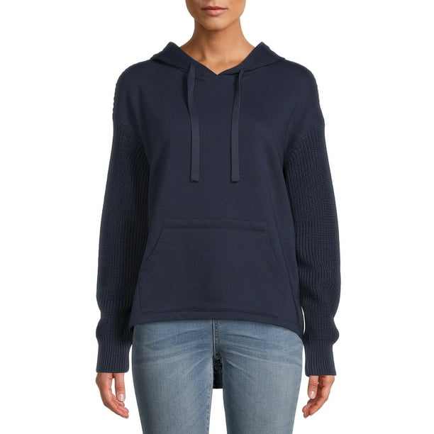 Time and Tru Women's Long Sleeve Mixed Media Pullover Hoodie - Walmart.com