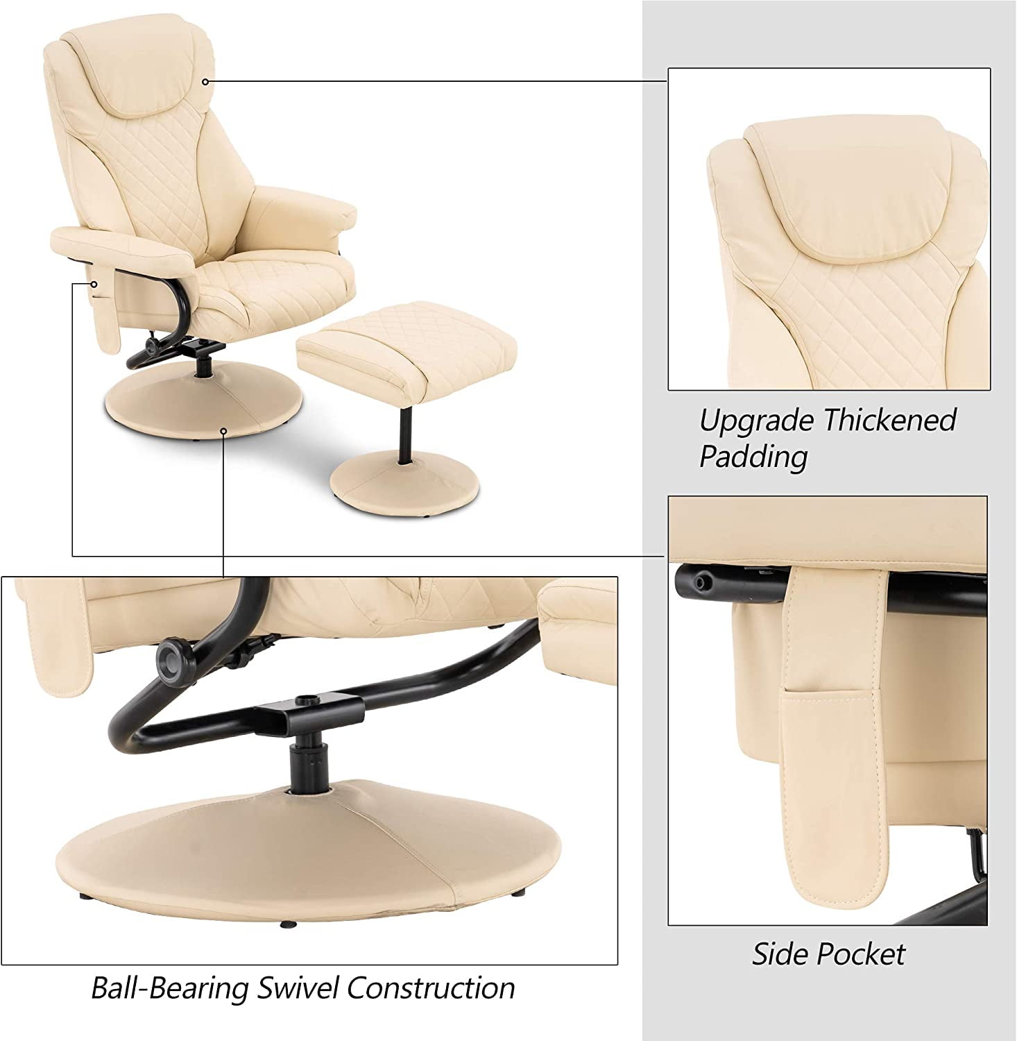 MCombo Massage Recliner Chair with Ottoman for Living Room, Swivel Recling Chair Faux Leather, 4901  (Cream White)
