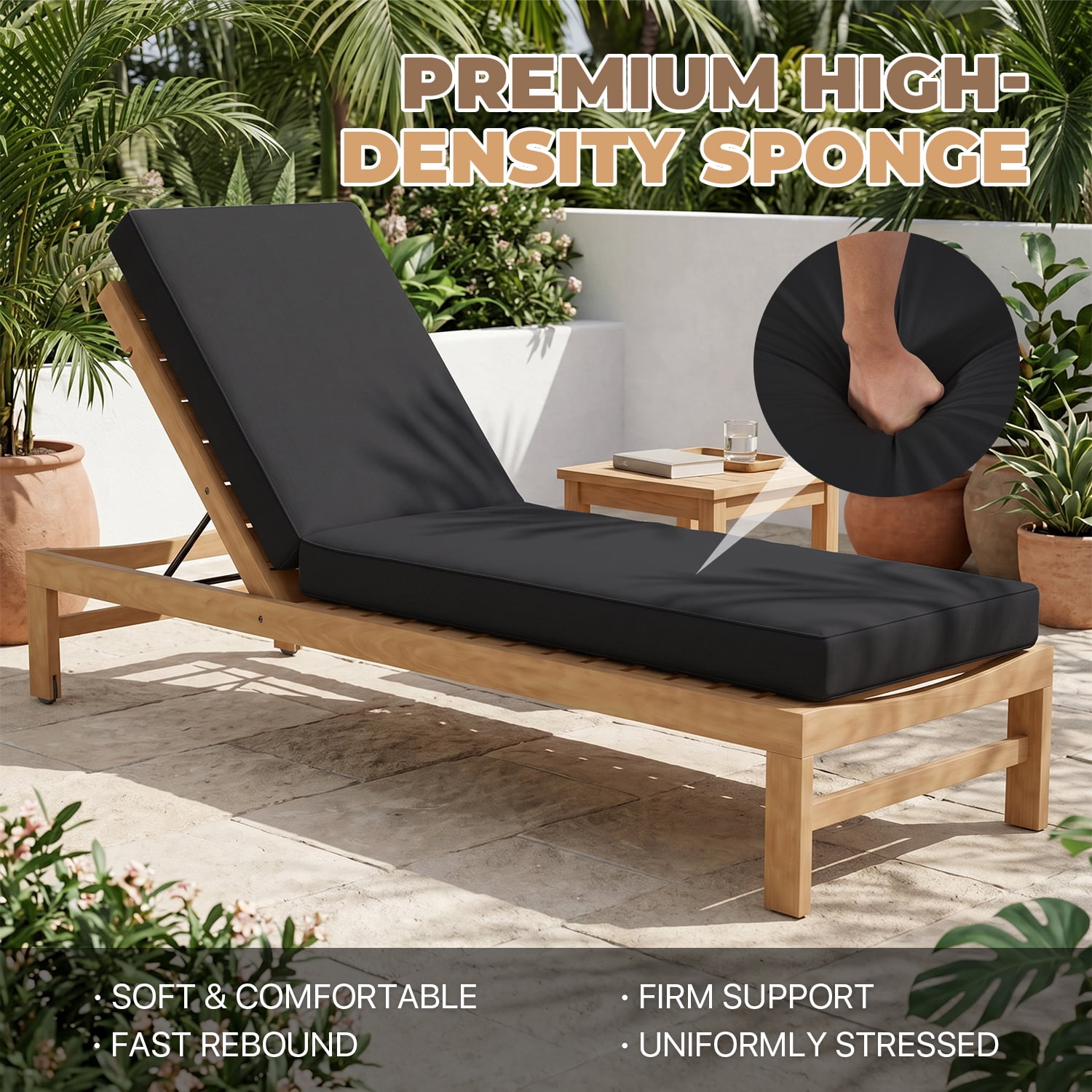 BaPiPro Black Outdoor Chaise Lounge Cushion, Waterproof Patio Lounge Chair Pad with High-Density Foam, Removable Cover & Secure Ties for Poolside, Garden & Patio