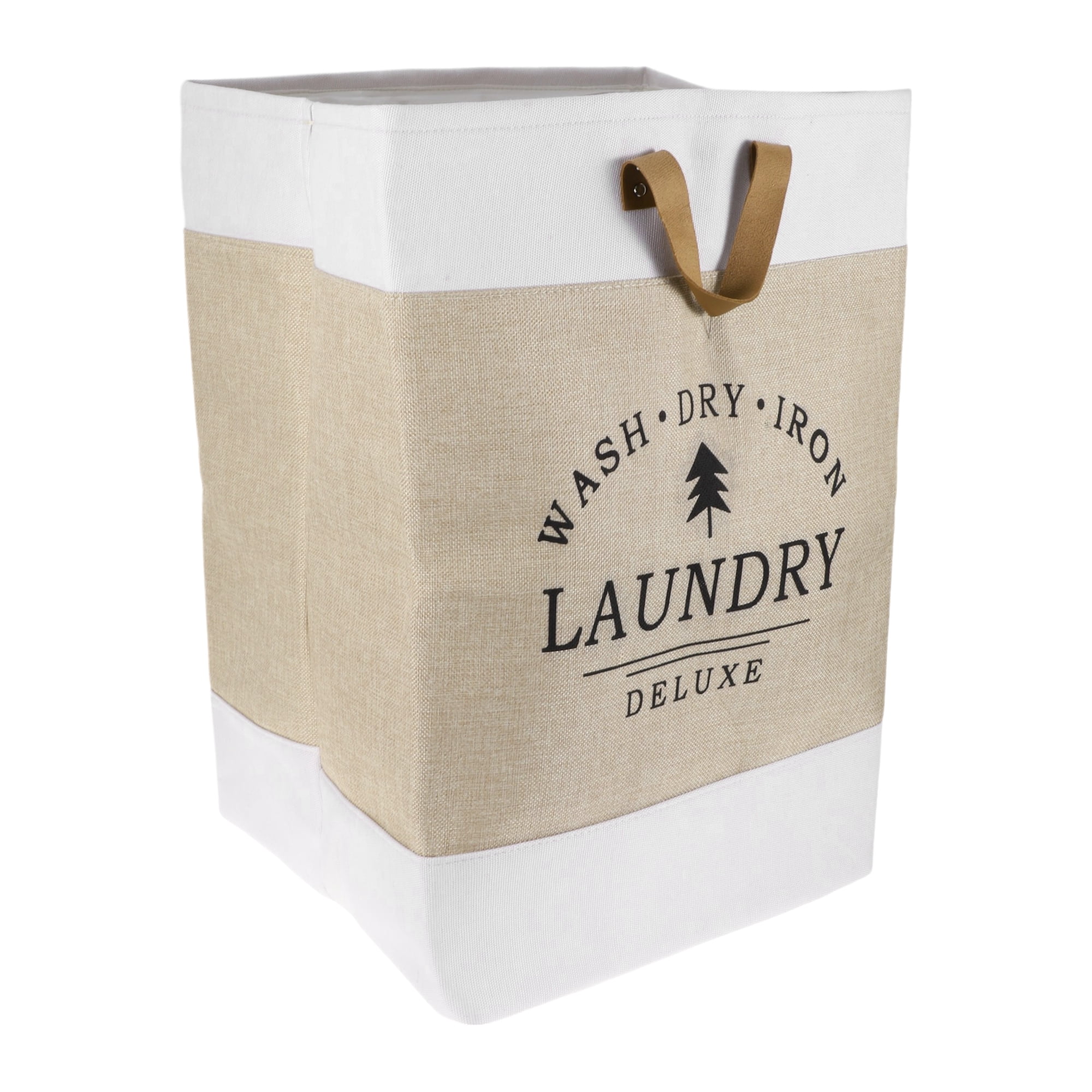 Unique Bargains Laundry Basket, Foldable Laundry Hamper with PU Handles Gray Beige