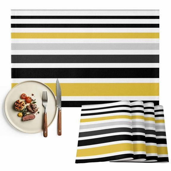 Abstract Striped Placemats Set of 2, Yellow Black White Table Mats Washable Heat-Resistant Non-Slip Place Mats for Kitchen Dinner Table Indoor Outdoor Decor,13x19 Inch