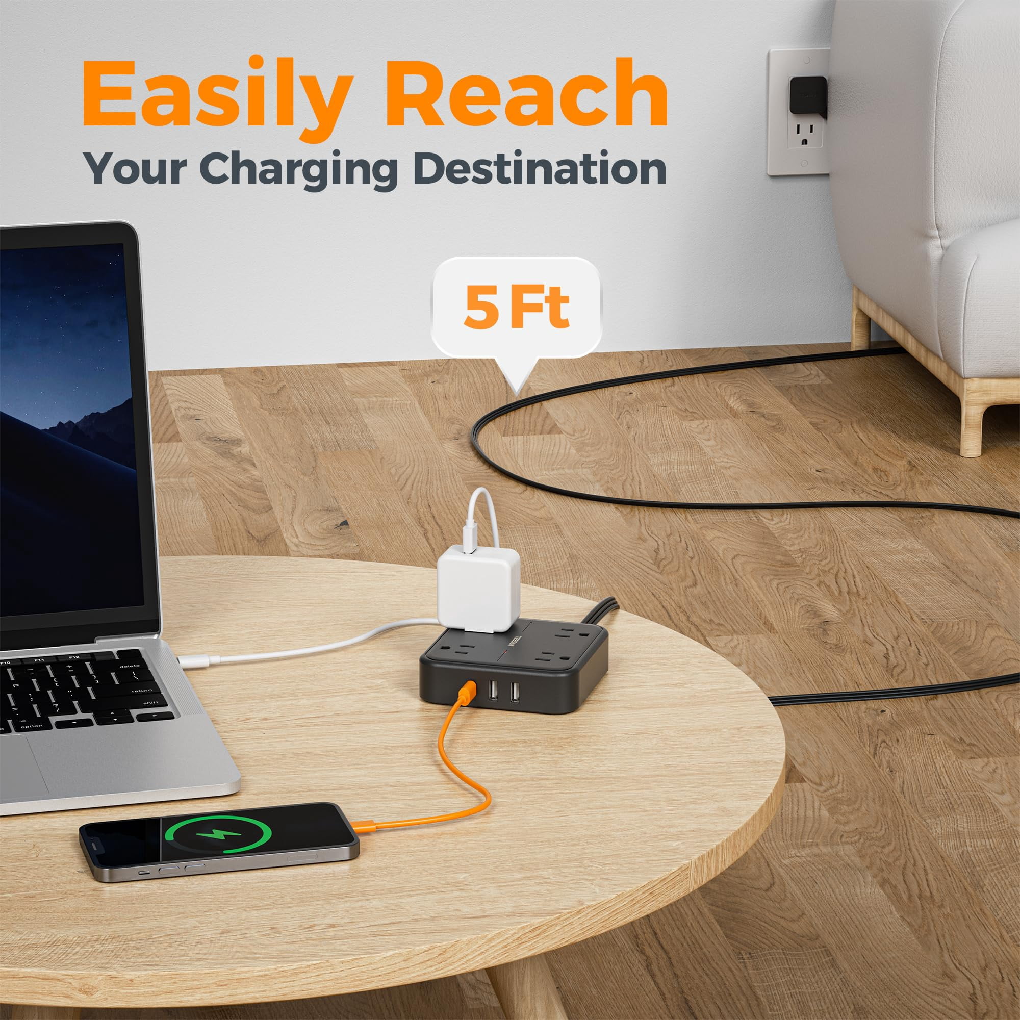 Surge Protector Flat Extension Cord 5ft  Plug Power Strip With 4 Outlets 3 Usb Ports (1 C) 900 Joules Protection Multiple Wall Outlet Extender Suitable For Home Office Dorm Black