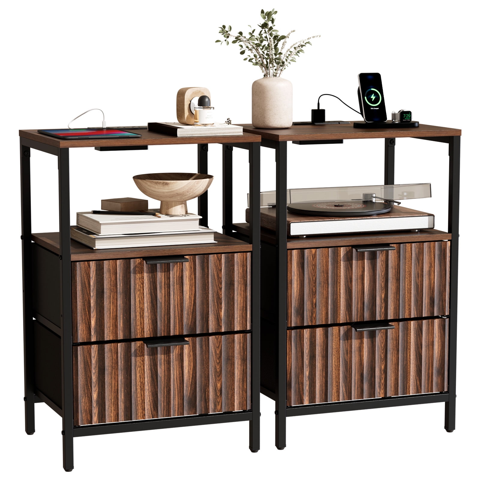 Ktaxon Nightstand with Charging Station End Table with 2 Fabric Drawers Bedside Table Furniture for Bedroom, Living Room,Fluted Brown Wave Design