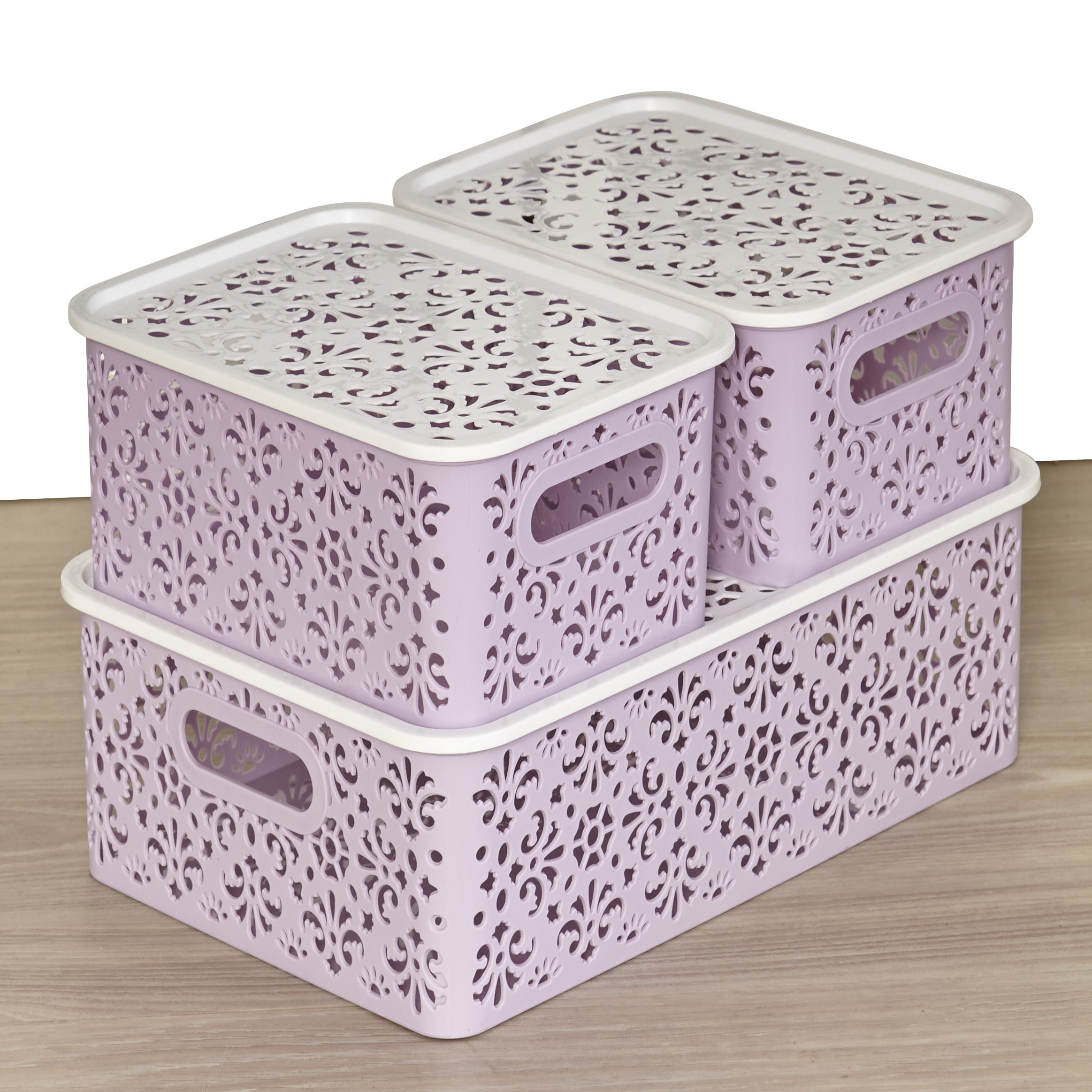 Set Of 3 Stackable Lace Design Bins With Lids Walmart Com Walmart Com