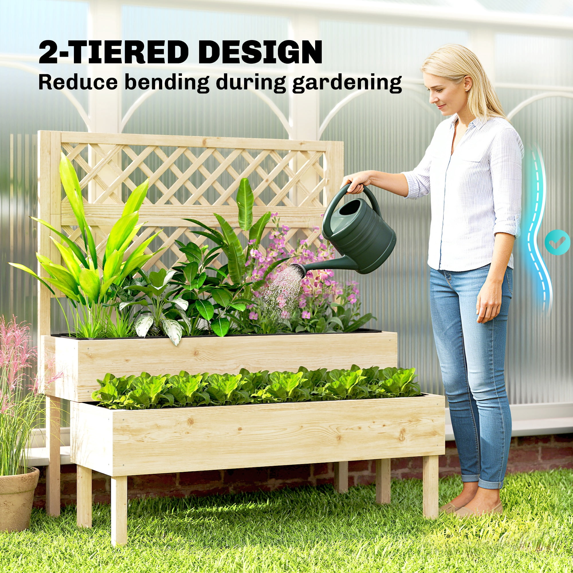 Outsunny 2-Tier Raised Garden Bed with Trellis, Elevated Planter Box for Climbing Plants, Natural