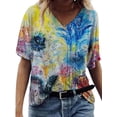 thumbnail image 1 of DYMADE Women V Neck Short Sleeve Floral Printed Shirt Blouses Tops, 1 of 4