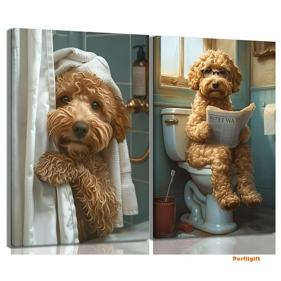 LAMIRO Funny Bathroom Canvas Wall Art-Set of 2 Poodle on Toilet Reading Newspaper Wall Decor Goldendoodle in Shower Humor Animal Poster Picture for Dog Lovers Restroom Ideas Decor 12X16 Inch Framed