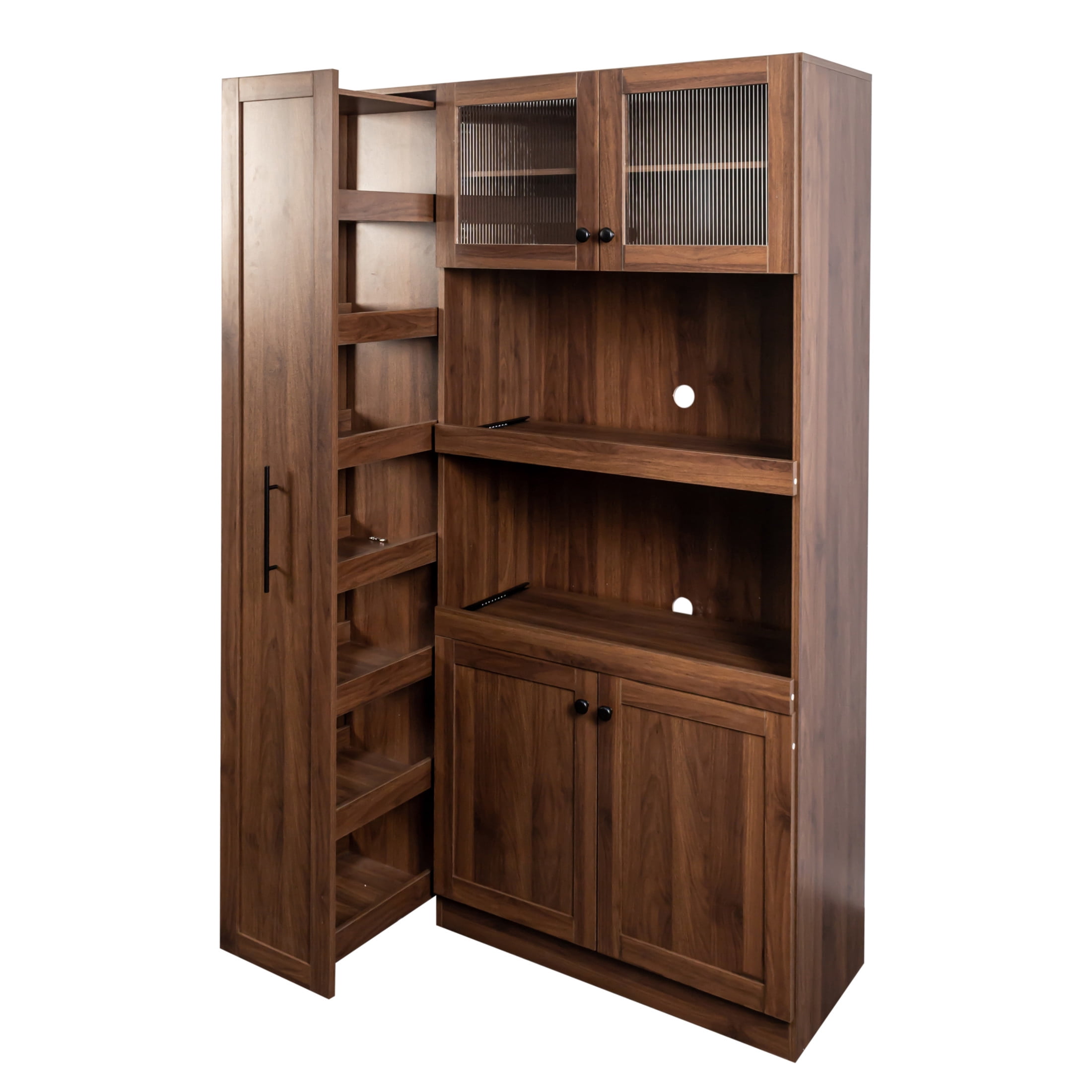 Noble House Junton 70.9" Farmhouse Pantry Cabinet with Doors, Pull-Out Multi-Tier Shelves, Wooden Storage Shelf, Walnut