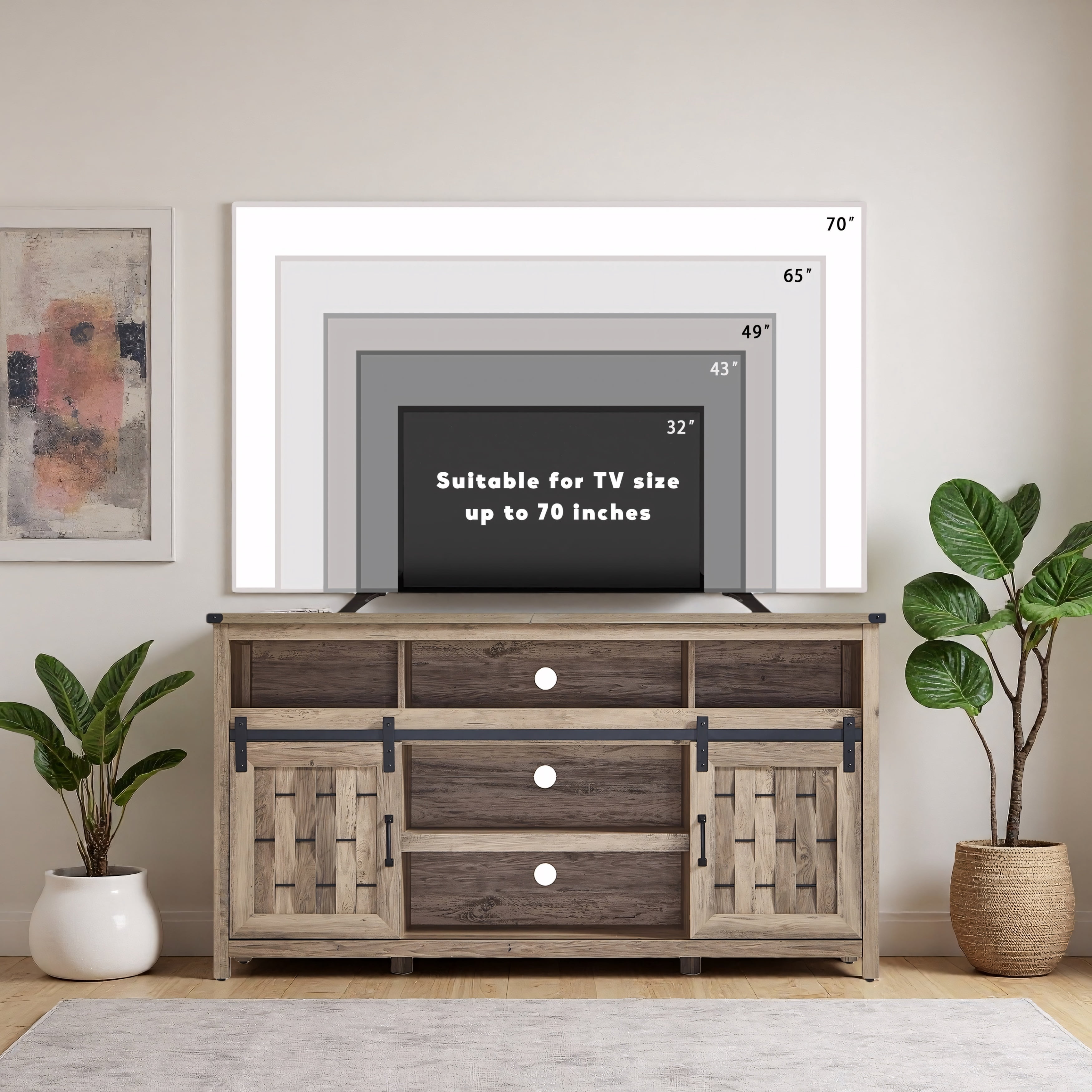 Tall Farmhouse TV Stand for 70 Inch TVs with Sliding Barn Door and Storage Shelves Light Brown