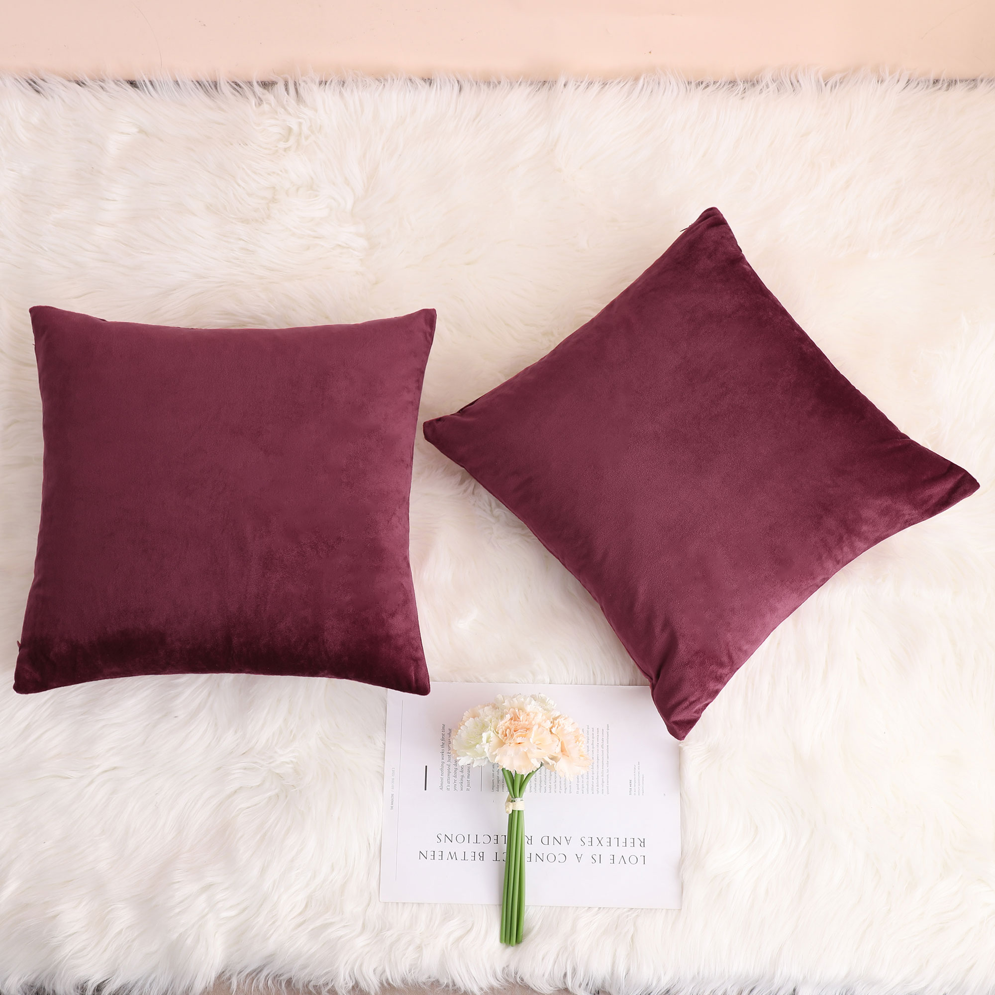 Unique Bargains 2-Pack Solid Velvet Decorative Throw Pillow Covers Burgundy 16"x16"