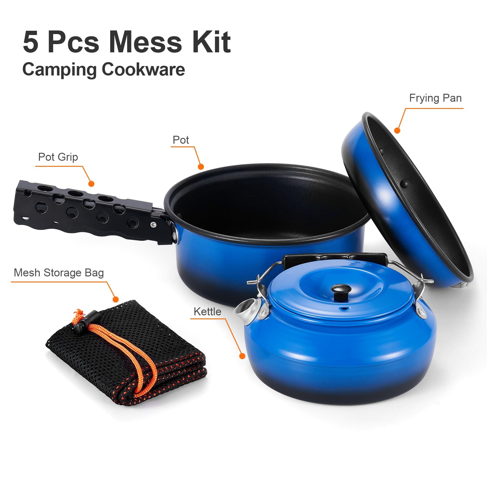 5pcs Camping Cookware Non-stick Pot And Pan Set With Kettle Removable Handle For Hiking Backpacking Picnic