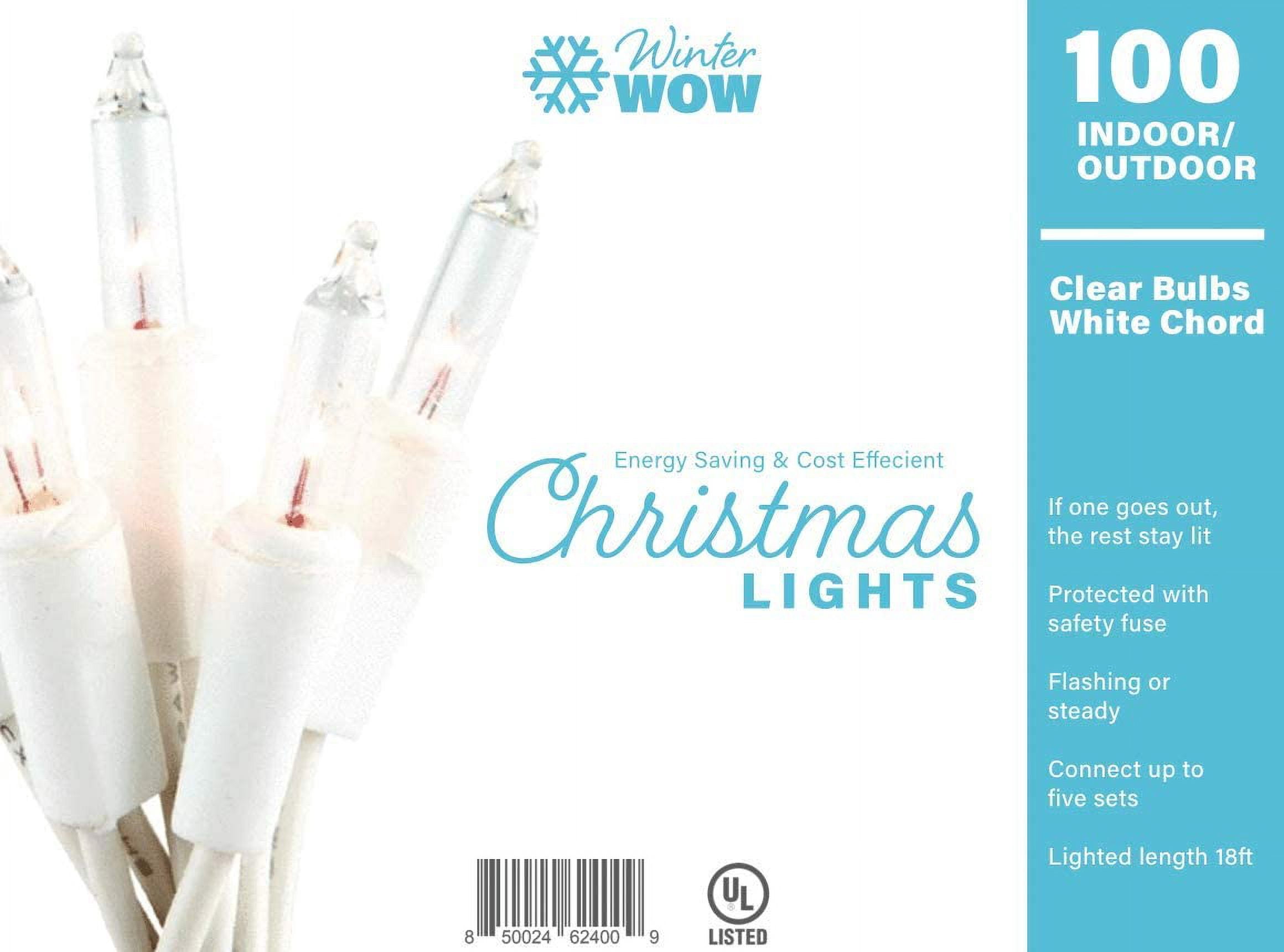WinterWow Christmas String Lights - 100 Count, 20 Ft White Wire, Indoor/Outdoor, Incandescent