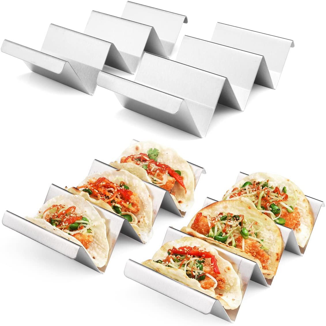 Premium Quality Taco Plates Set of 4 Hold 12 Soft And Hard Shells Taco Holders Stand Titanium Plated Easy To Use Easy To Clean Taco Rack Holder Stand Oven Grill Dishwasher Safe Taco Holder Tray 