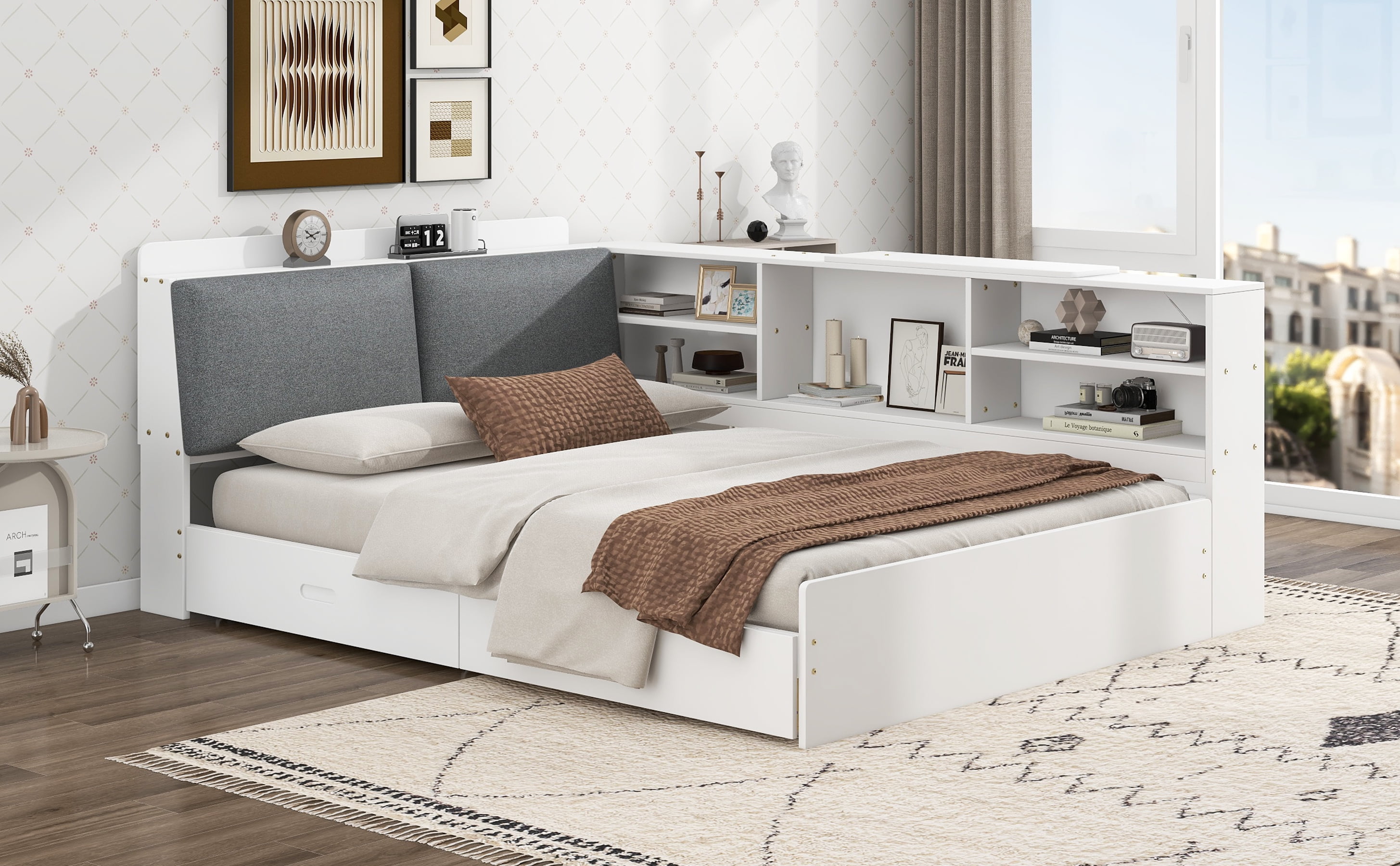 MAYEERTY Wood Full Size platform bed with Storage Headboard, Shelves and 2 Drawers, White