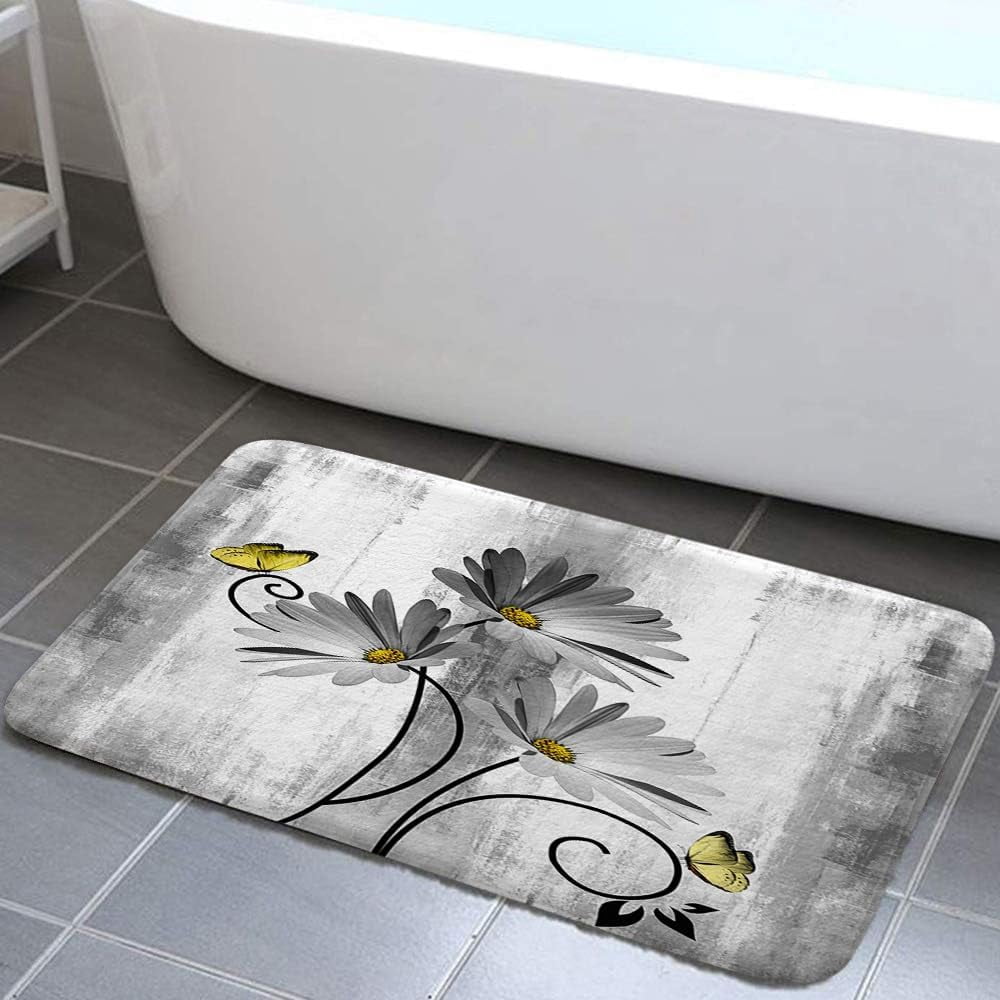 Rustic Farmhouse Bath Mat Set, Farm Gray Daisy Floral Flowers and Butterfly on Country Wooden Bathroom Mat Set with Non-Slip Bath Rug, Soft Toilet Lid Cover and Contour Mat, Turquoise Gray (Gray)