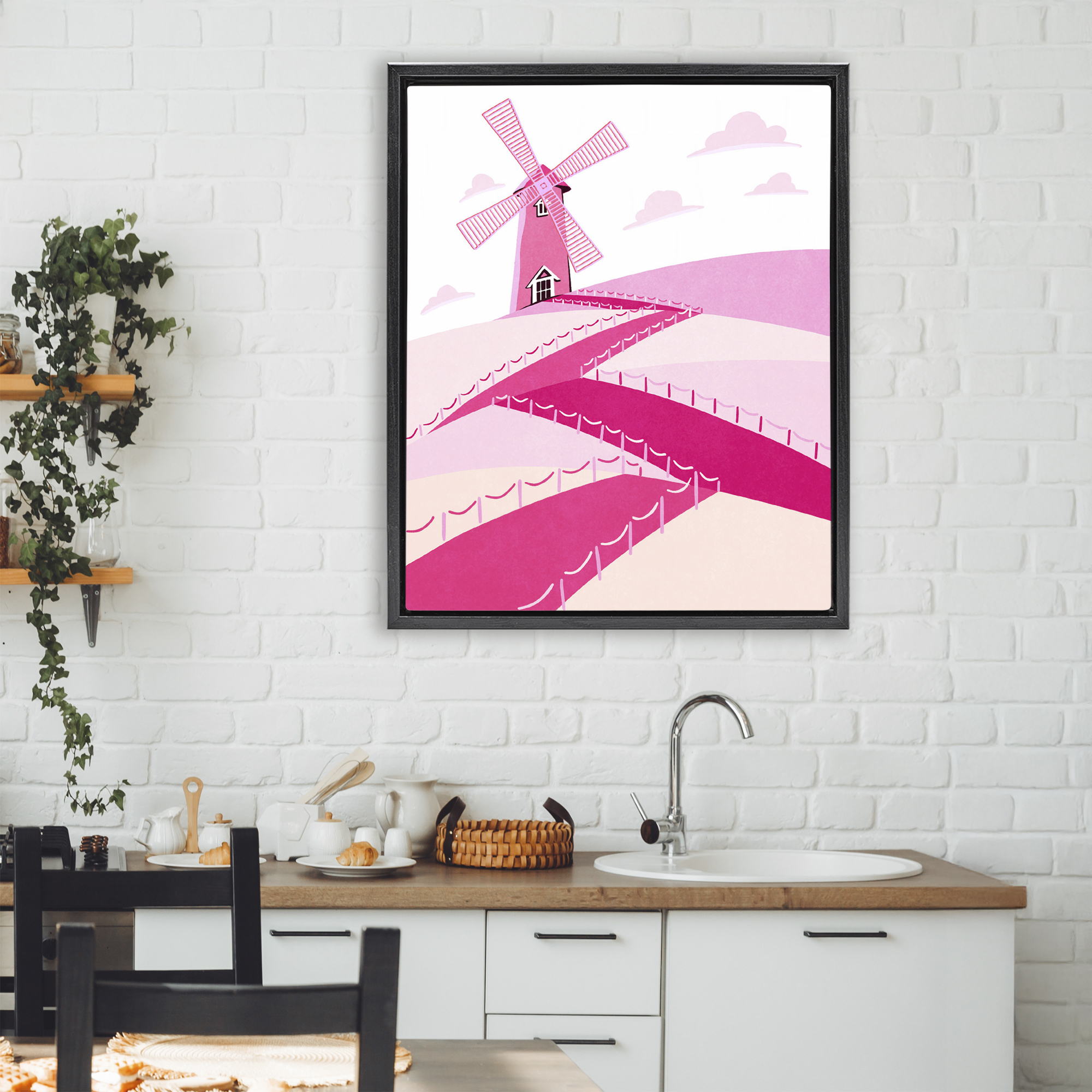 Pink Hills and Windmill Black Framed Floater Canvas Wall Art, design by Ziwei Li