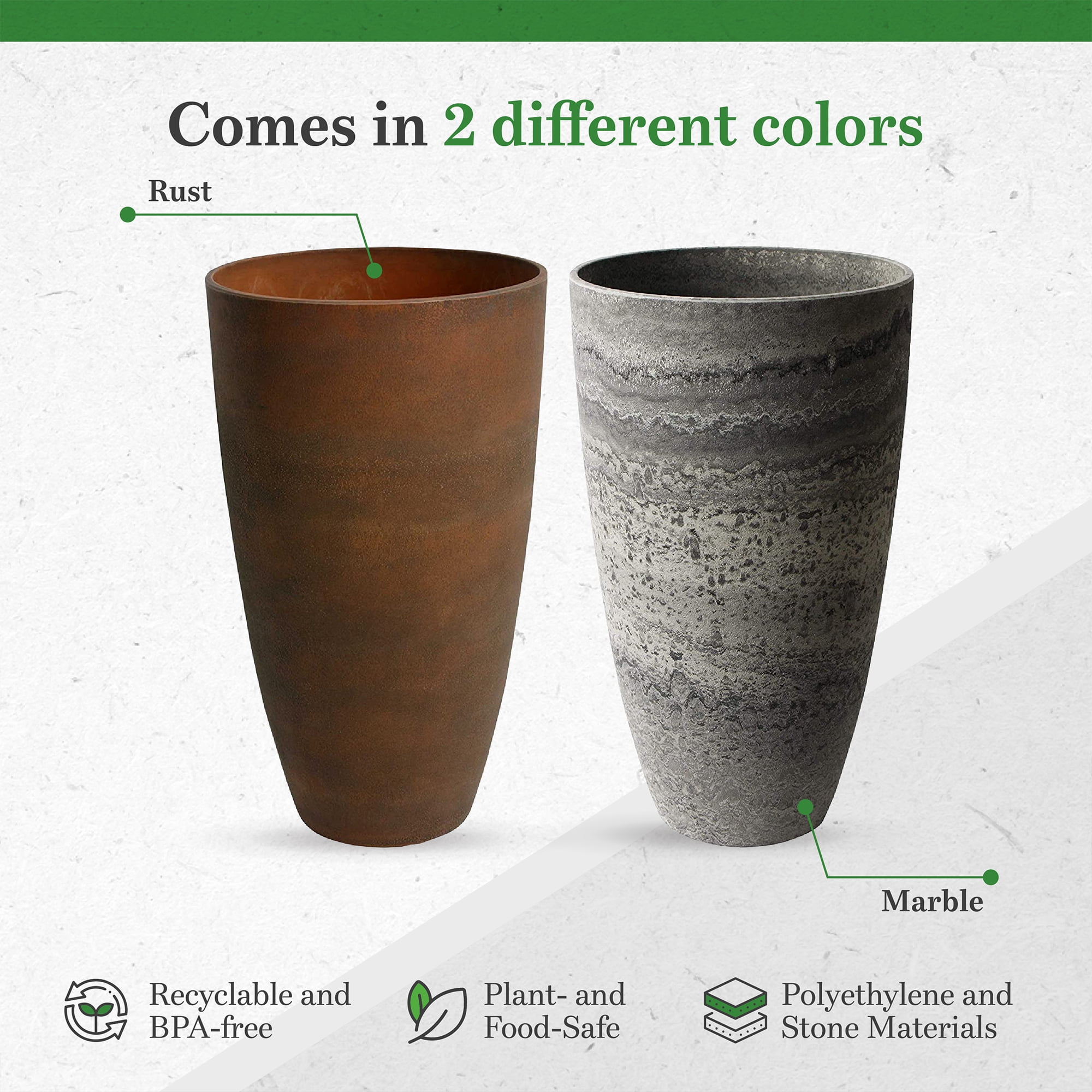 Algreen Acerra 12 x 20" Curved Patio Vase Garden Planter, Marble (2 Pack)