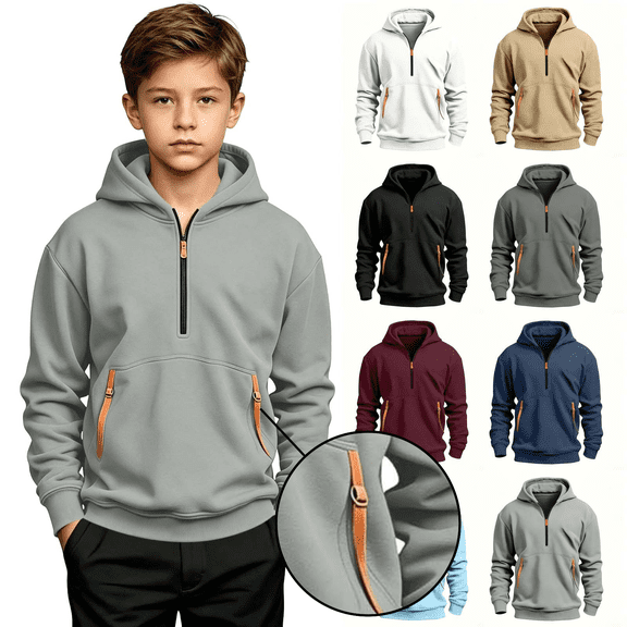 Frnrwgo Boys Hoodie 5-15Y Fleece Lined Half Zip Heavyweight Pullover Sweatshirt for Fall Winter