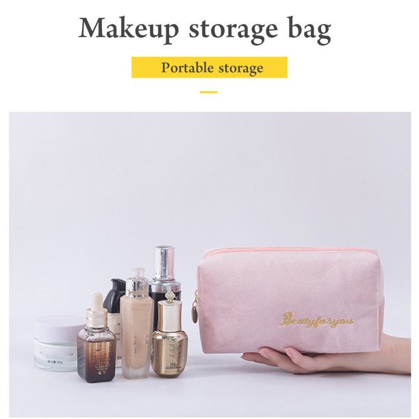 Bolsa de maquillaje de franela - Organizadora cosmética de gran capacidad con cierre de cremallera, textura terciopelada y mullida para esencias de belleza y viajes