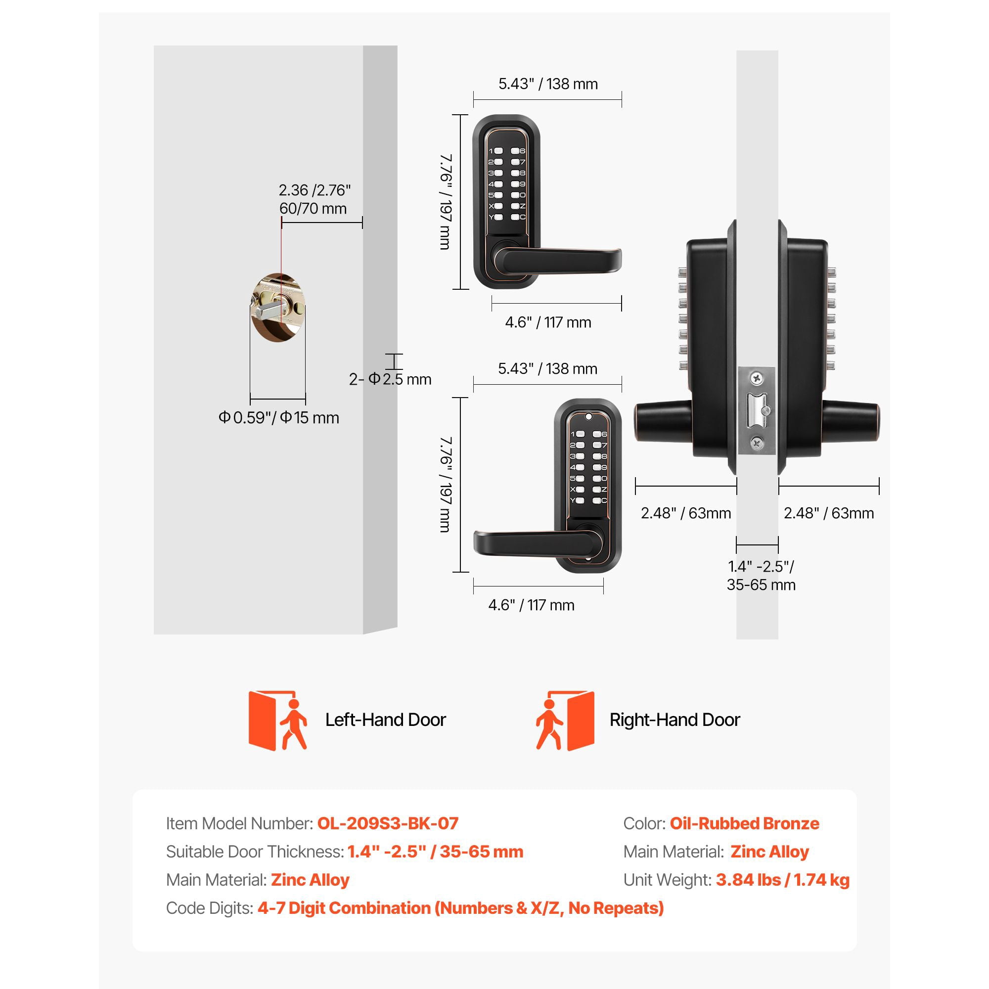 Mechanical Keyless Door Lock Gen2 Double-Sided 4-7 Digit Code No Batteries 1.4-2.5 Inch Door Thickness for Front Gate