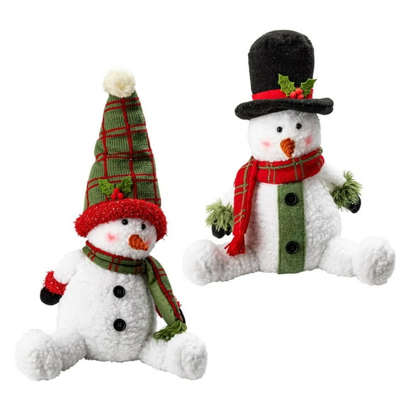 Lot de 2 bonhomme de neige en tissu assis 30cm, un avec chapeau haut de forme, un avec chapeau de père noël, blanc/vert/rouge