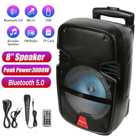 RIDWIND 3000W Portable Wireless bluetooth PA Karaoke Loud Speaker 8 inch Super Bass Stereo Woofer With Party Lights Trolley Handle Wheels Microphone Remote Control Support FM/AUX/MP3/USB/TF