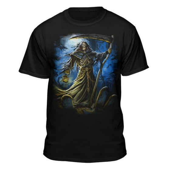 Teelocity Men's Skeletal Grim Reaper with Scythe and Lantern Black Relaxed Fit Short Sleeve Graphic T-Shirt