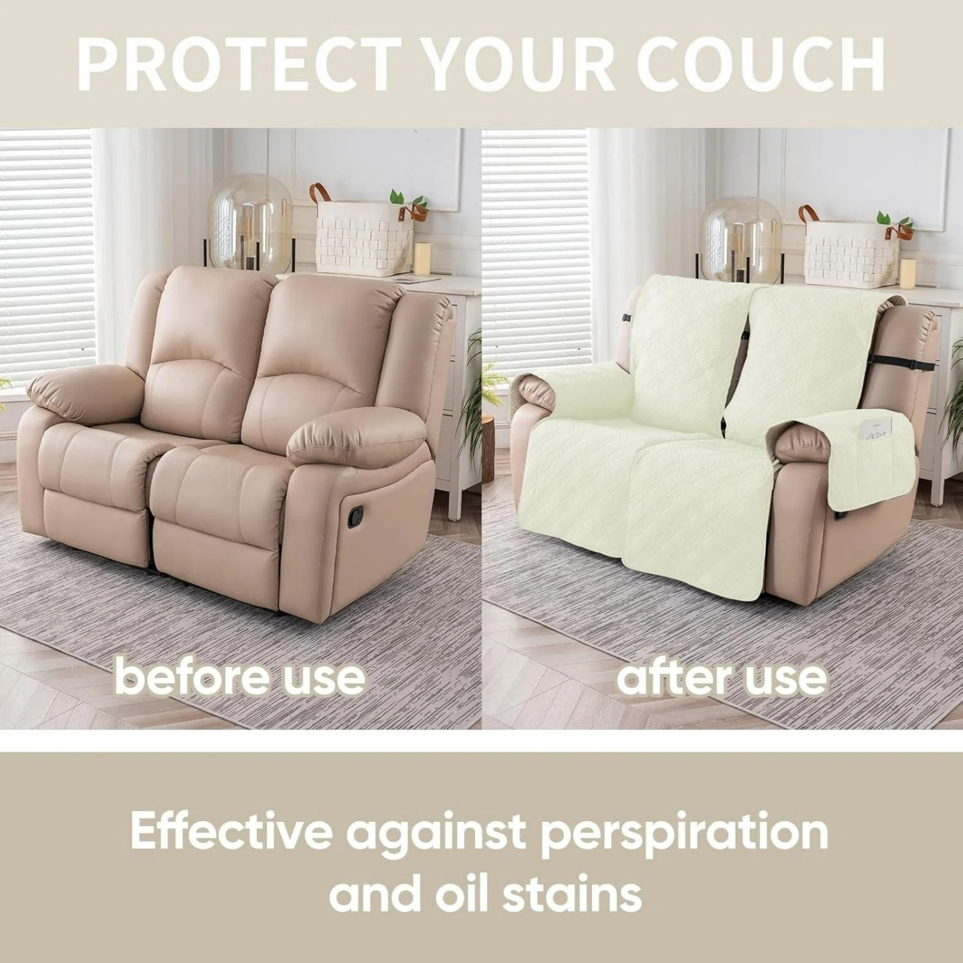 Lavish Cover 100% Waterproof Recliner Loveseat Cover, 2 Pieces Non-Slip Recliner Couch Slipcovers, Washable Furniture Protector with Pockets & Elastic Straps for Kids Pets, 2 Seaters, Cream White