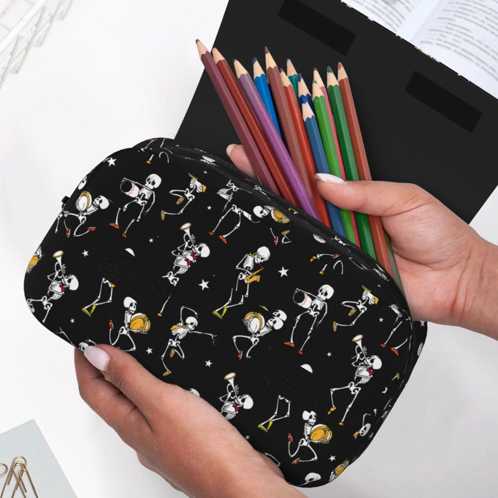 Rateoe Playing Music Skeletons Pattern Double Clamshell Pen Case, Storage Organizer with Two Zipper Compartments– Holds Up to 50 Pencils & Pens