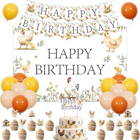 Chicken Happy Birthday Decorations - Backdrop, Banner, Cake Cupcake Toppers, Balloons for Little Chick 1st 2nd 3rd Birthday Party, Farm Animals Barnyard Party Decor for Boys Girls