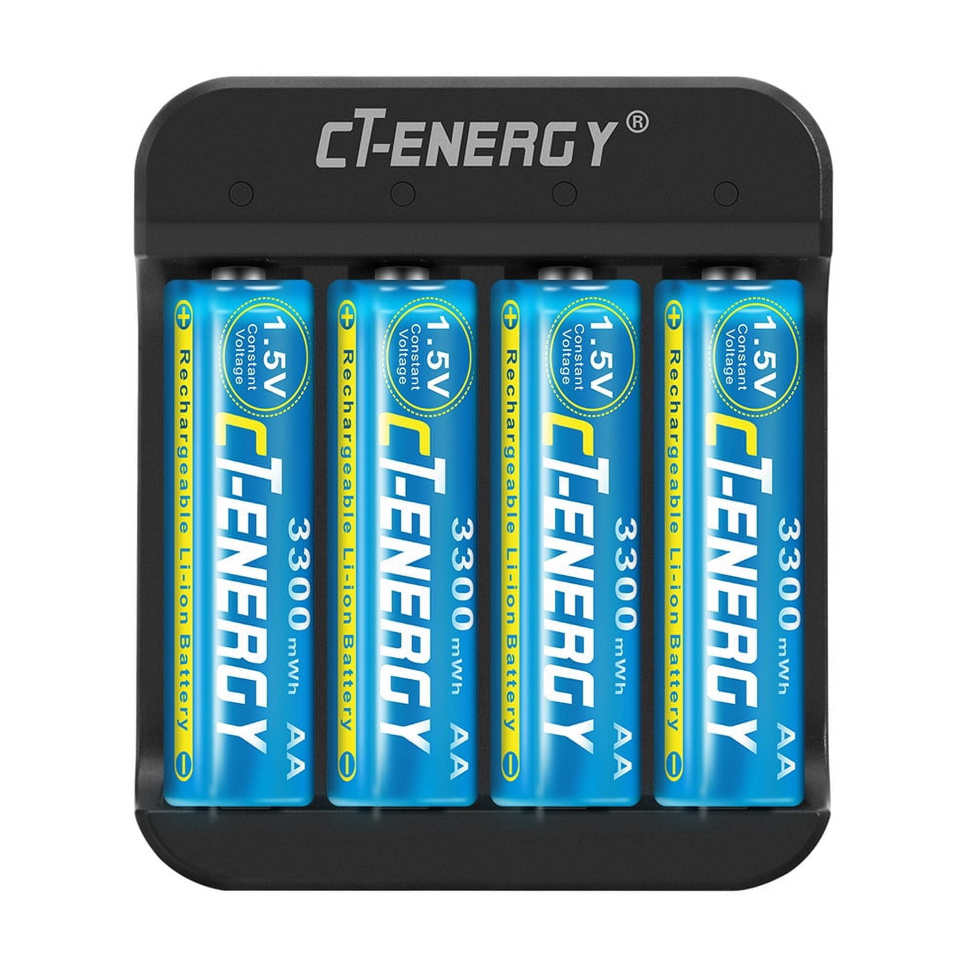 CT-ENERGY Rechargeable AA Lithium Batteries 4 Pack with Charger Kit, 1.5V 3300mWh with 4 Bay Smart Fast Charger for Xbox Battery Replacing