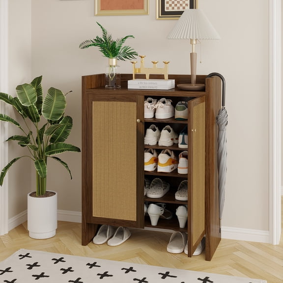 Imountek 42.5in Tall Rattan Door Shoe Cabinet, Freestanding 6-Tier Wood Shoe Storage with Adjustable Shelves for Entryway Hallway
