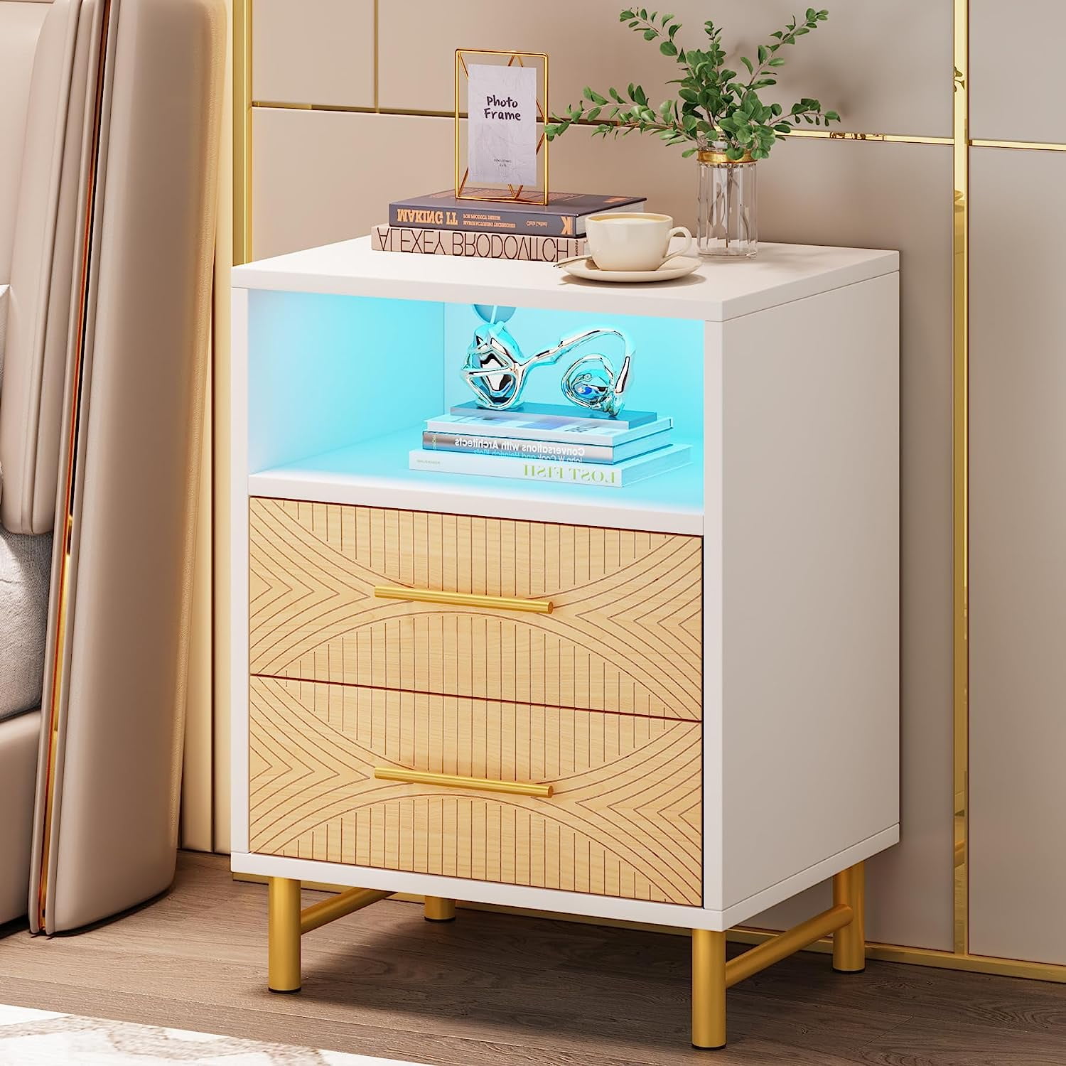 Tribesigns LED Nightstand,Bedside Table with 2 Drawers,Night Stand End