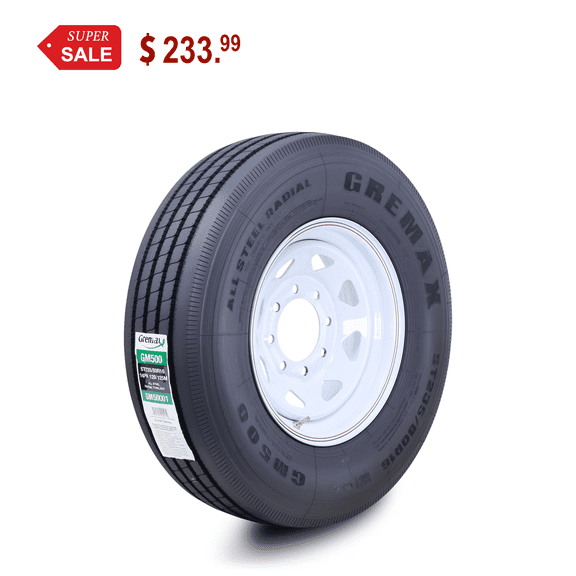 GREMAX All Steel Trailer Tire & wheel ST235/80R16 14-Ply G 129M 8 Lug on 6.5" PCD White Spoke Rim