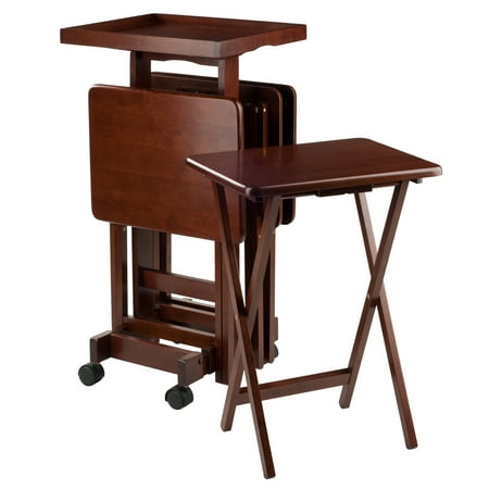 6pc Snack Table Set Walnut - Winsome: Rolling Stand, 4 TV Dinner Tray Tables, Removable Serving Tray