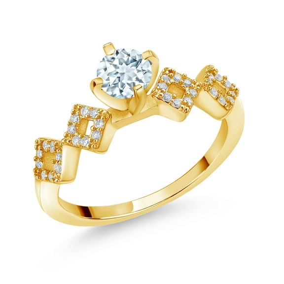 Gem Stone King 0.88 Ct Round Sky Blue Aquamarine 18K Yellow Gold Plated Silver Ring (Size 9)