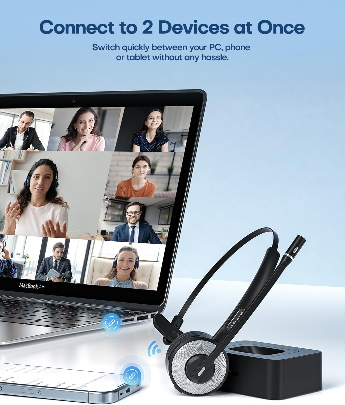 Swiifome Bluetooth Headset V5.3 with Mic for Work, Lightweight Computer Headset with Microphone for PC with Noise Cancelling Mic, Mute Button, Multipoint, and Charging Base