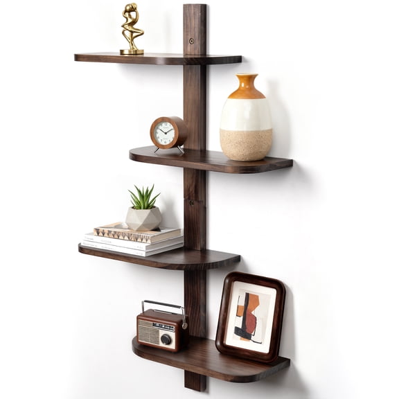 Afuly Mid Century Modern Floating Shelves, Solid Pine Wood 4-Tier Decorative Wall Shelf for Living Room, Bedroom, Bathroom, Coffee Bar and Plant Decor