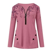 Aviva Women's Autumn And Winter Casual Long Sleeve Top Printed Zip Button Beach T Shirt