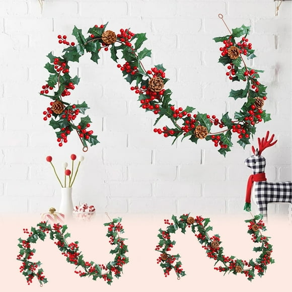 Xihbxyly Piña Navideña de Ratán, Bayas Rojas y Decoración de Piña, Corona Festiva para Interior y Exterior, Decoración Navideña Versátil, Acogedora Adición para El Hogar o La Oficina, 175 Cm de Largo