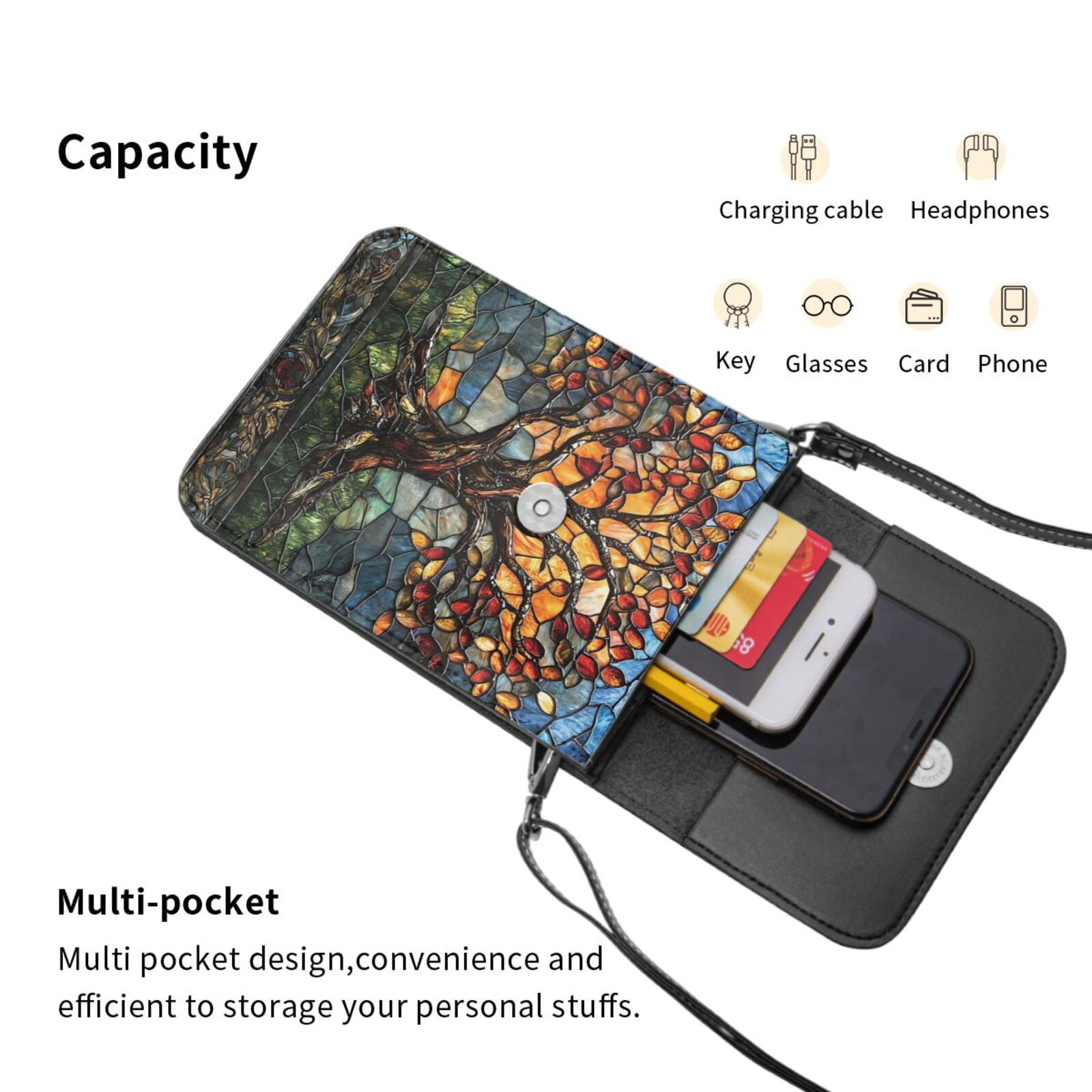 Trees Stained Glass Art Cell Phone Purse Small Crossbody Bag with Strap Credit Card Slots Leather Shoulder Wallet for Women
