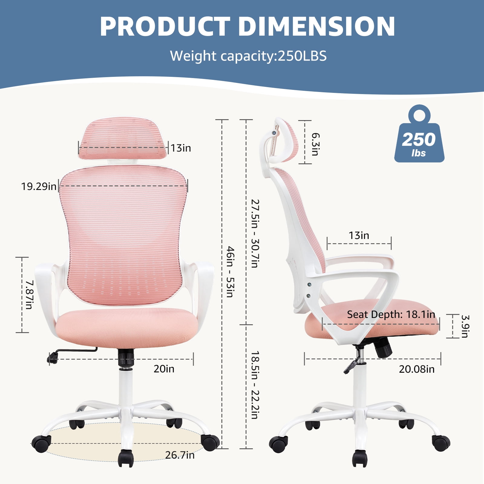 MAYEERTY Ergonomic Office Chair with Adjustable Headrest, Pink Fabric, 250 lb capacity