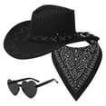 thumbnail image 3 of Baberdicy Western Cowboy Hat Scarf & Sunglasses Set, 3 Piece Costume Accessory for Men Women Black Universal Fit, 3 of 5