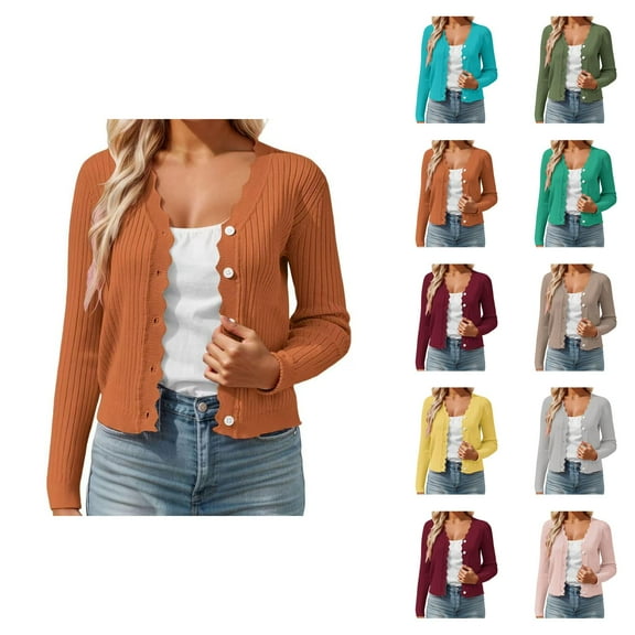 Women's Short Knit Cardigan With Scallop Collar Elegant Lightweight Comfortable Casual Loose Fit Spring Fall Layering Top Cardigan Sweaters for Women
