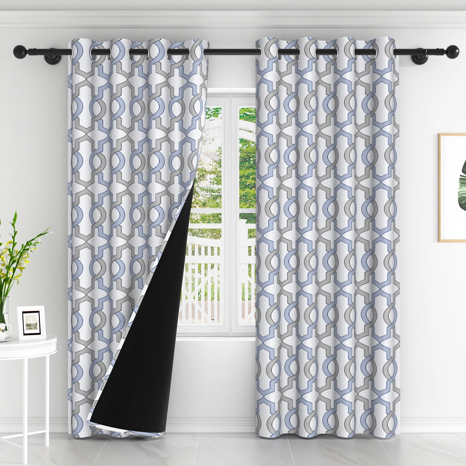Lfeey Blackout Curtains for Bedroom, Plaid Blue Gray Geometric Pattern Curtains with Top Grommets, 52x63 Inches, 2 Panels