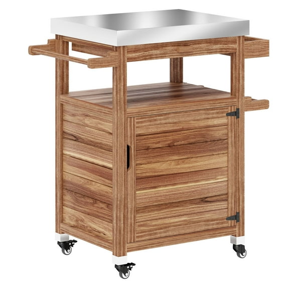 Outdoor Grill Cart with Stainless Steel Top, Solid Wood Kitchen Island, Rolling Prep Station with Drawer & Storage - Brown