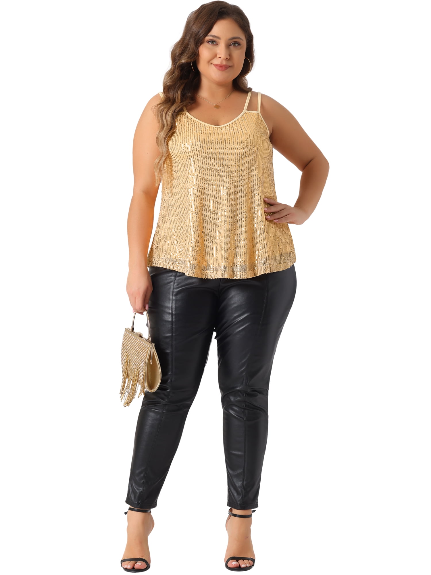 DARING DIVA Women's Plus Sequin Cami Tank Tops with Spaghetti Straps 1X Gold
